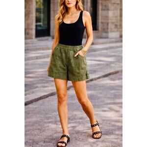 Madewell NWT Olive Green Linen Blend Shorts M Elastic Waist Pull On Casual